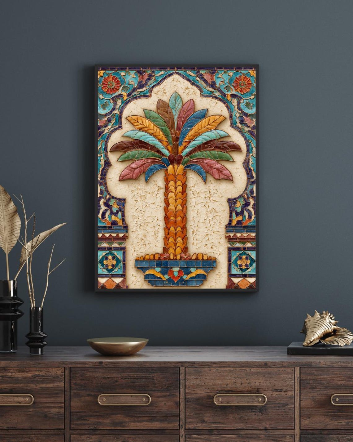 Islamic Palm Tree Mosaic Tile Art Colorful Middle Eastern Decor Poster