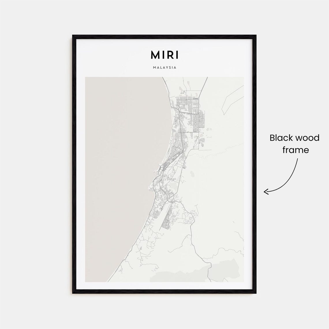 Miri Malaysia Minimalist Light Gray South China Sea Coastal Map Poster - Image 3
