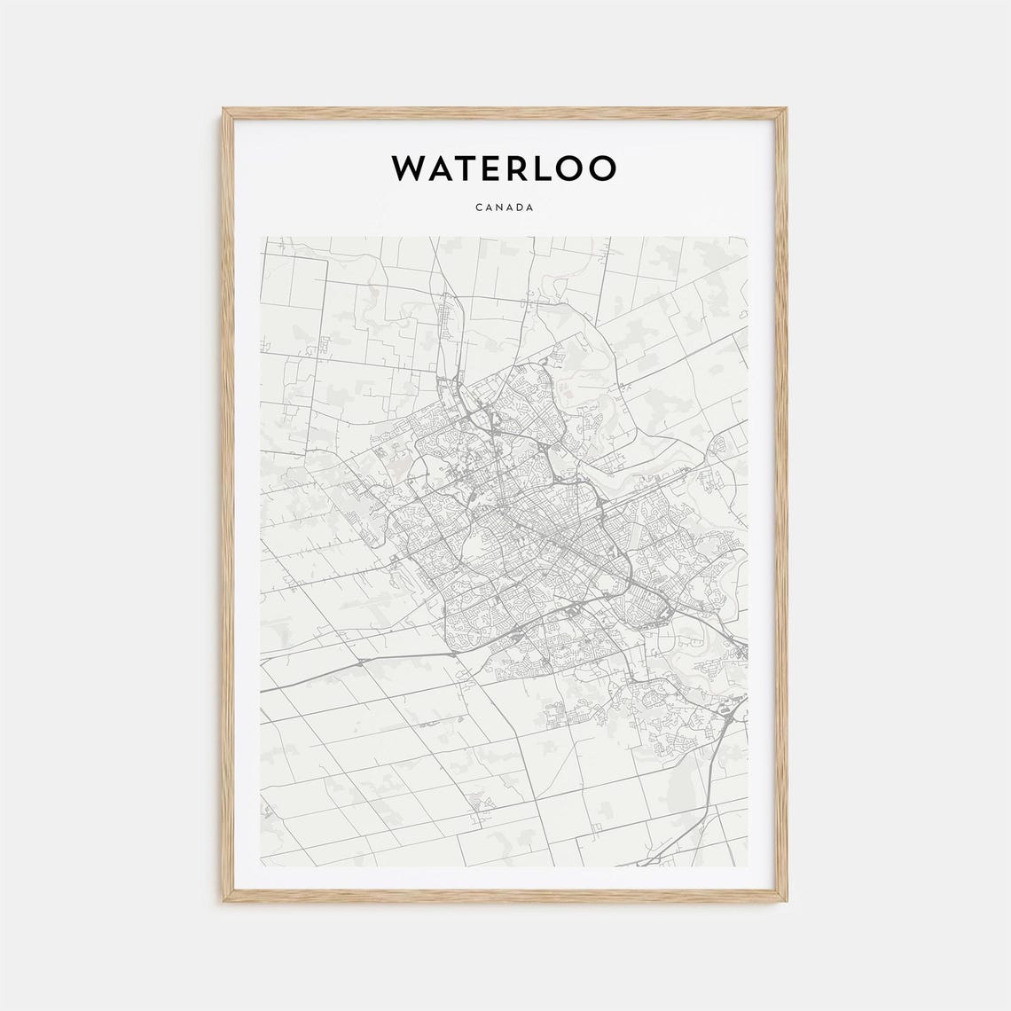 Waterloo Canada Minimalist Black White City Street Map Print