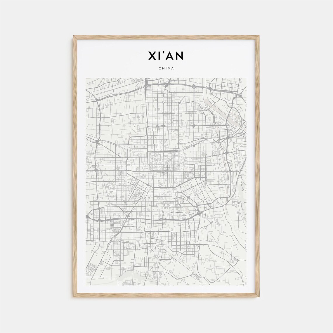 Xi'an China Minimalist Monochrome City Street Map Travel Poster