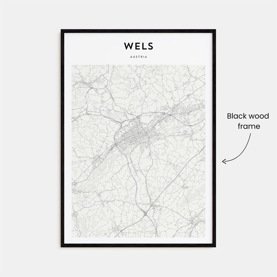 Wels Austria Minimalist Modern Decor Black White City Map Print - Image 3