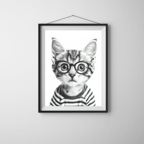 The Intellectual Kitten Adorable Art Print Bar Cart Decor Funny Cat Poster Black And White Wall New Home Gifts