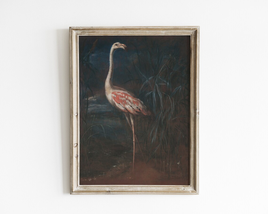 Vintage Flamingo Art Print, Moody Boho Tropical Bird