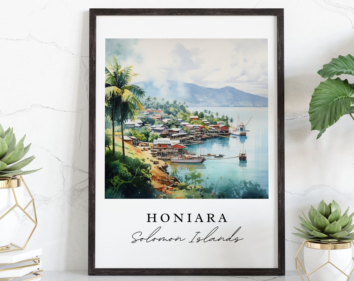 Honiara Solomon Islands Waterfront Village Boats Watercolor Poster