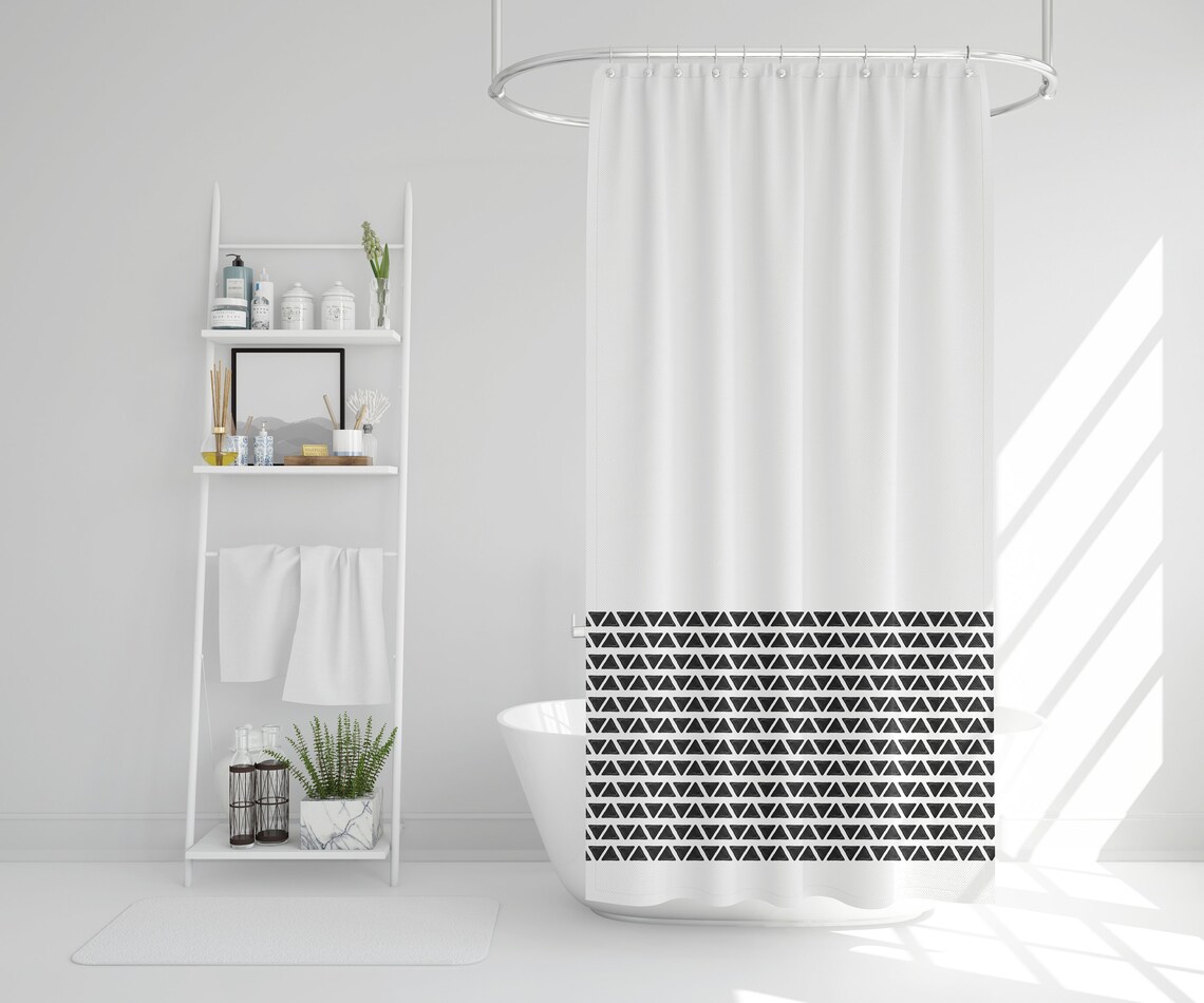 Minimalist Black Triangle Pattern Shower Curtain Grey And White Tribal Bathroom Shower Curtain Graphite Abstract Shapes Bath Curtain