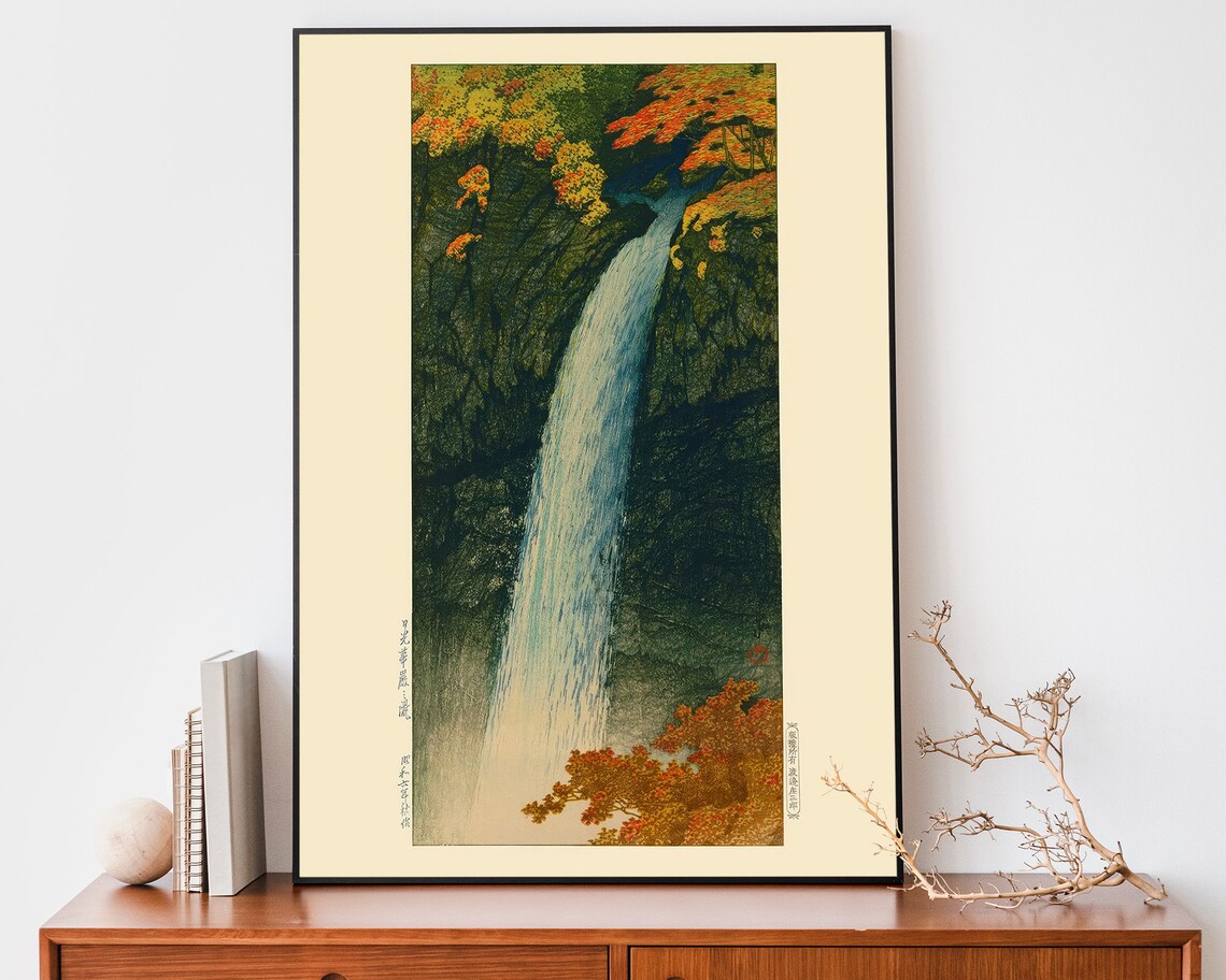 Japanese Autumn Waterfall Red Maples Woodblock Style Nature Poster