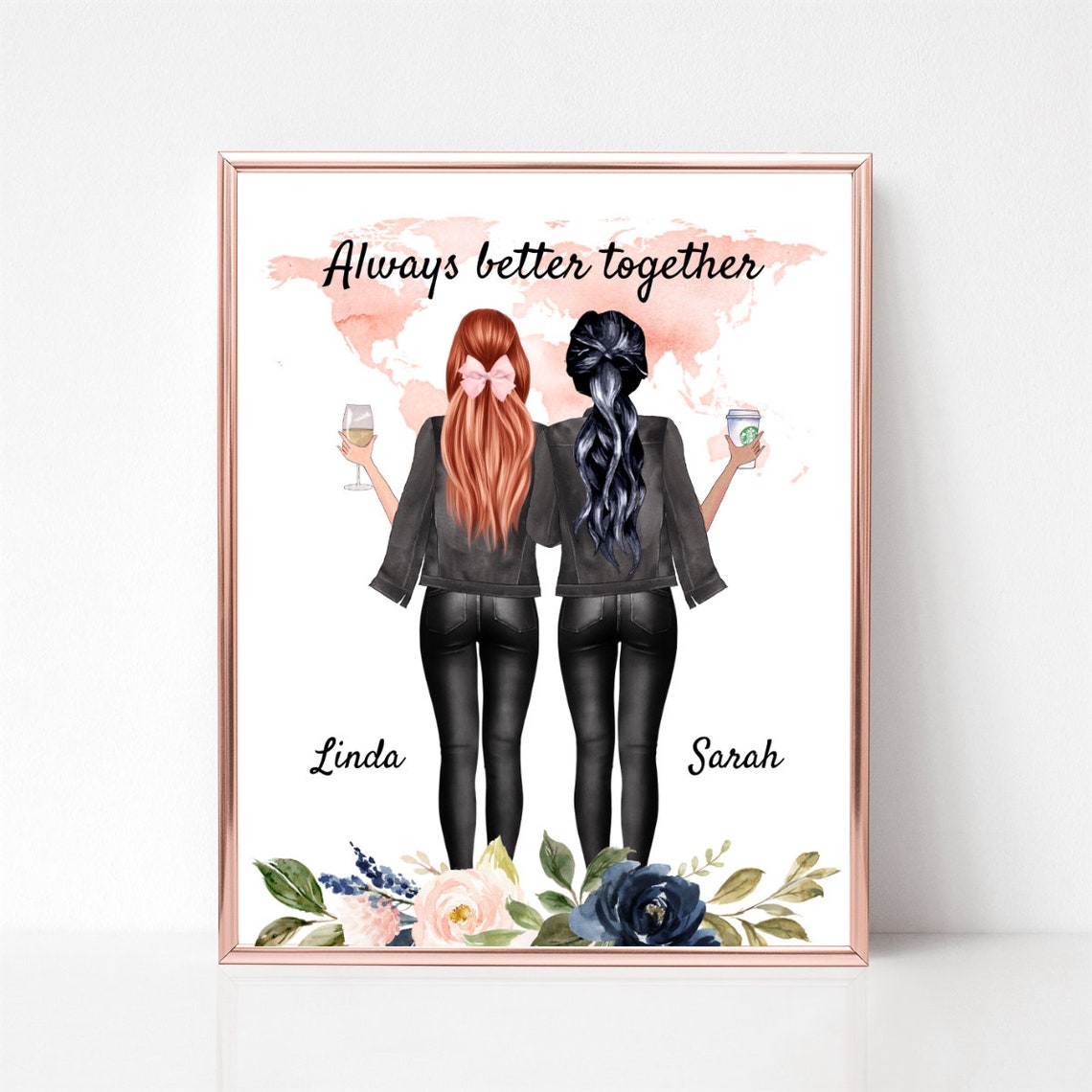 Always Better Together World Map Best Friends Poster Gift for Her
