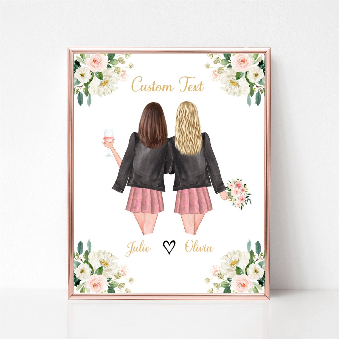 Personalized Best Friends Portrait Gift Poster with Wine and Florals