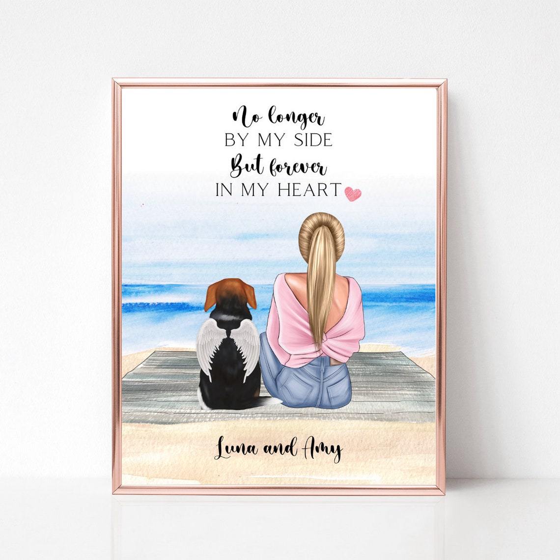 Dog Angel Wings Pet Memorial on Beach Forever in Heart Poster