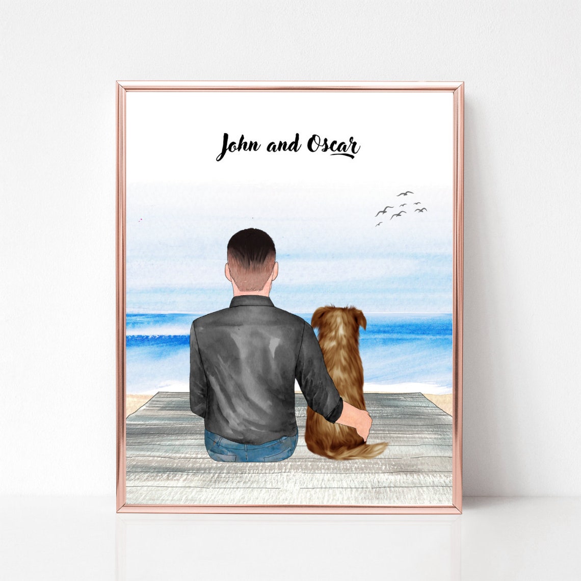 Man and Dog Best Friends Beach Sunset Personalized Portrait Poster - Image 2