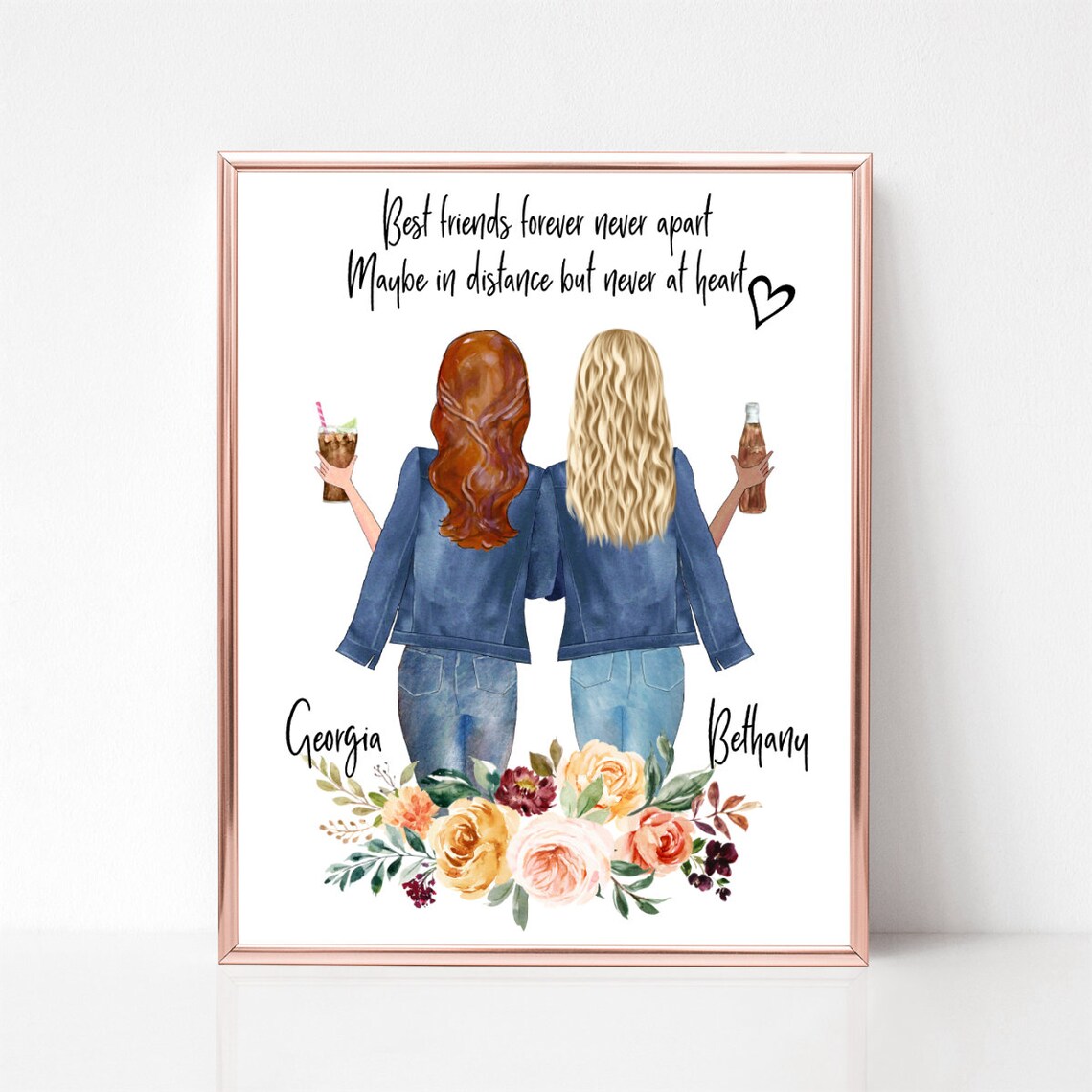Two Best Friends In Denim Jackets With Wine And Floral Poster - Image 3