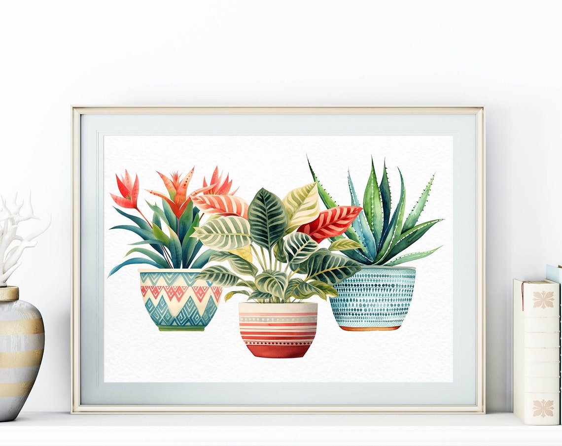 Boho Watercolor Potted Plants in Patterned Ceramic Pots Wall Poster - Image 3