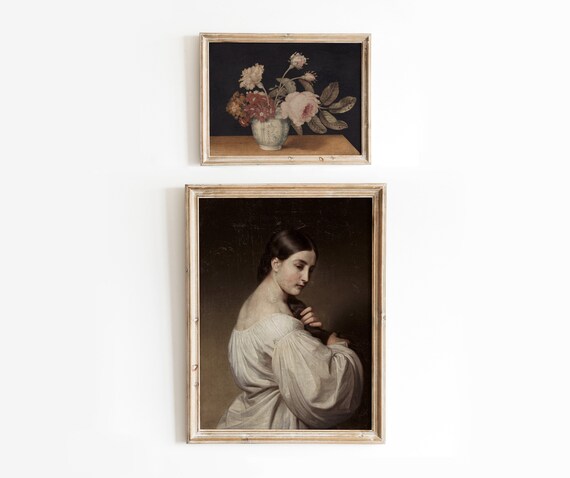 Blush Flowers Young Woman Vintage Portrait And Still Life Paintings Moody Artwork 754