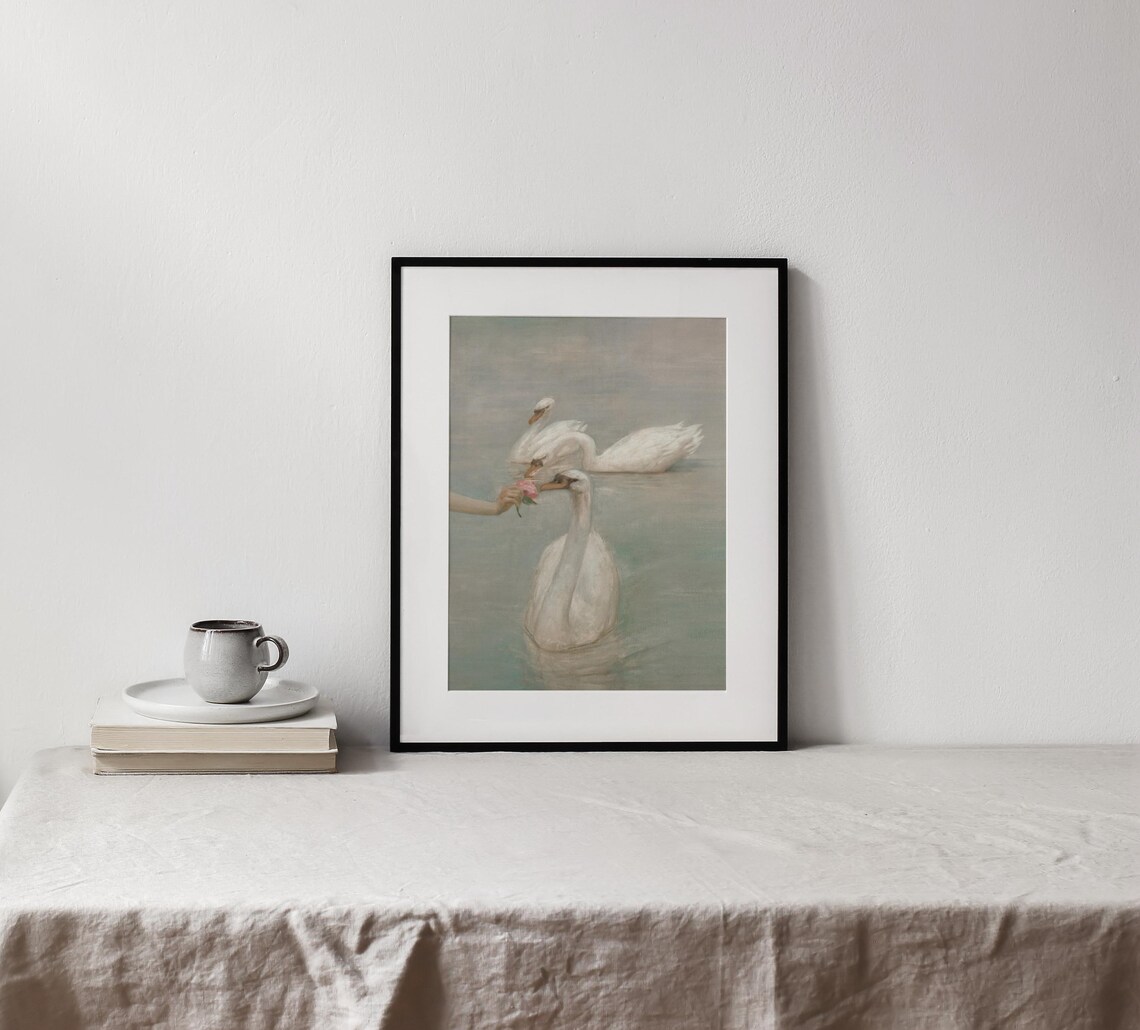 Swans Flowers Vintage Waterscape Art Print - Image 3