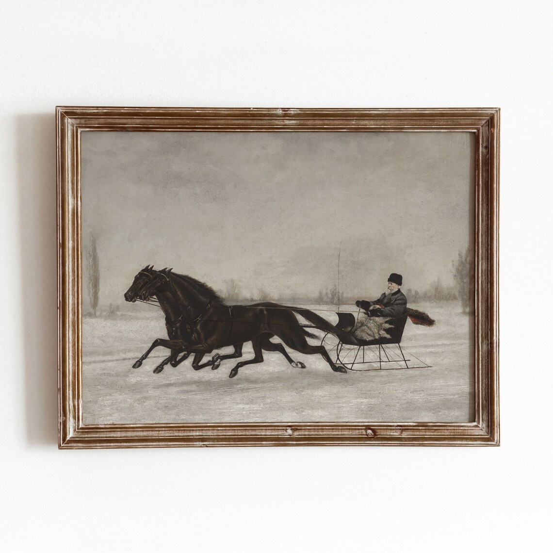 Horse Drawn Sleigh Vintage Winter Christmas Art Print