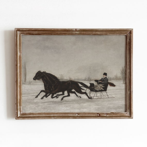 Horse Drawn Sleigh Vintage Winter Christmas Art Print