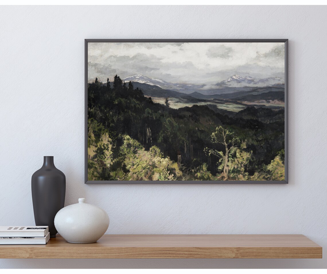 Foothills Landscape Vintage Mountain Nature Painting Dark Valley Art 599 - Image 2