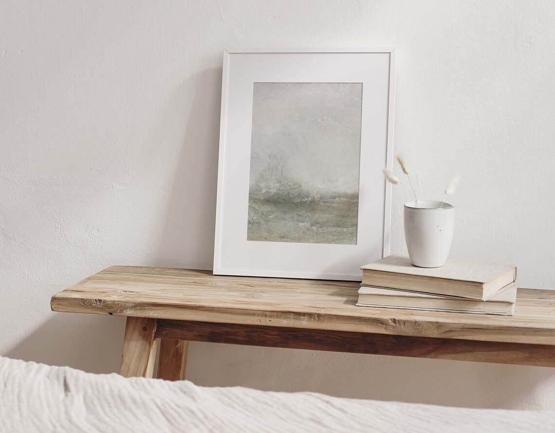 Crashing Waves Vintage Abstract Painting, Neutral Green Art - Image 2