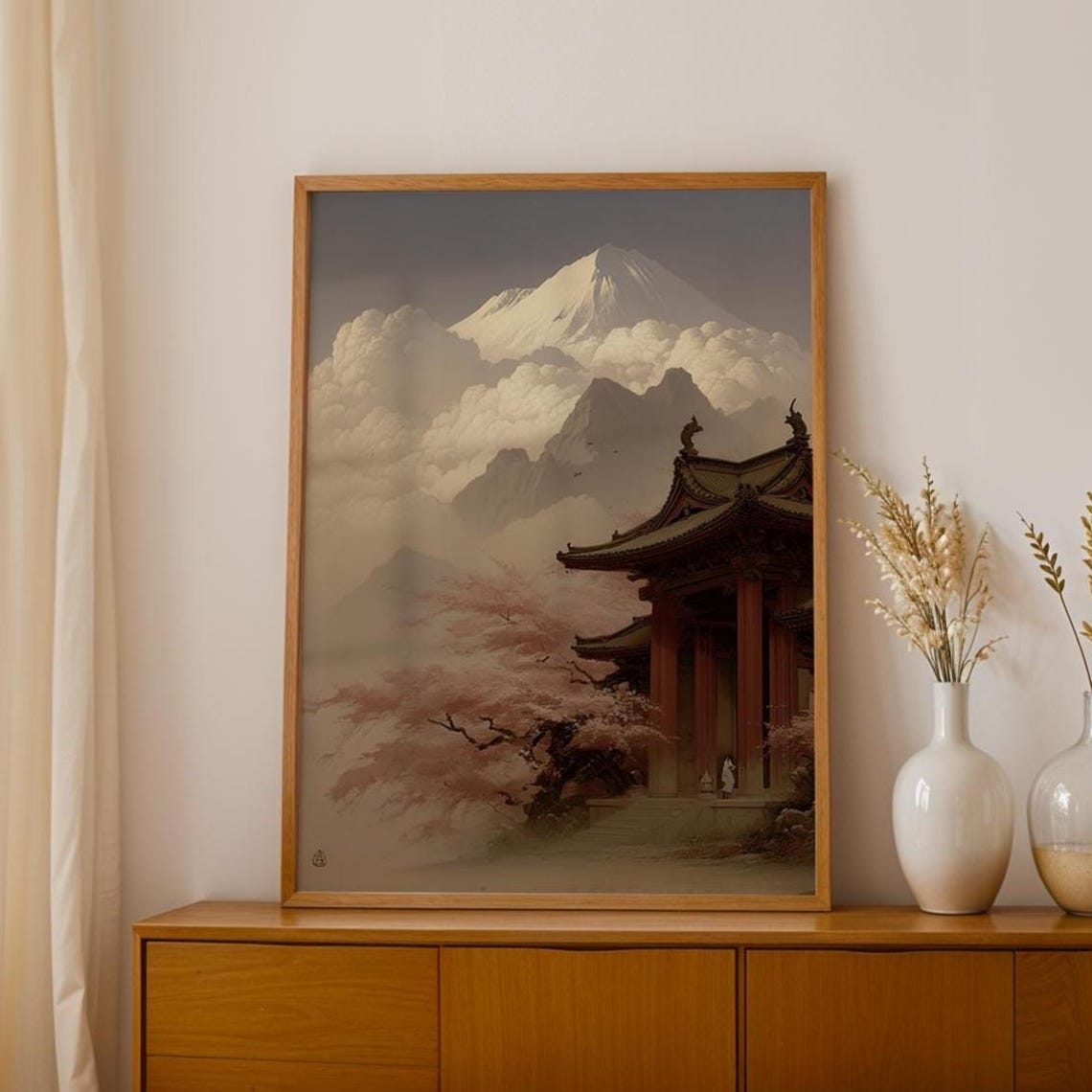 Japanese Zen Temple Mount Fuji Mist Cherry Blossom Peaceful Art Print
