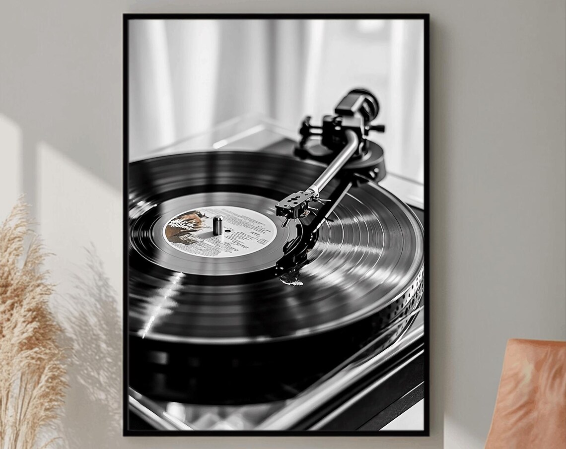 Black and White Turntable Vinyl Record Stylus Close-Up Poster