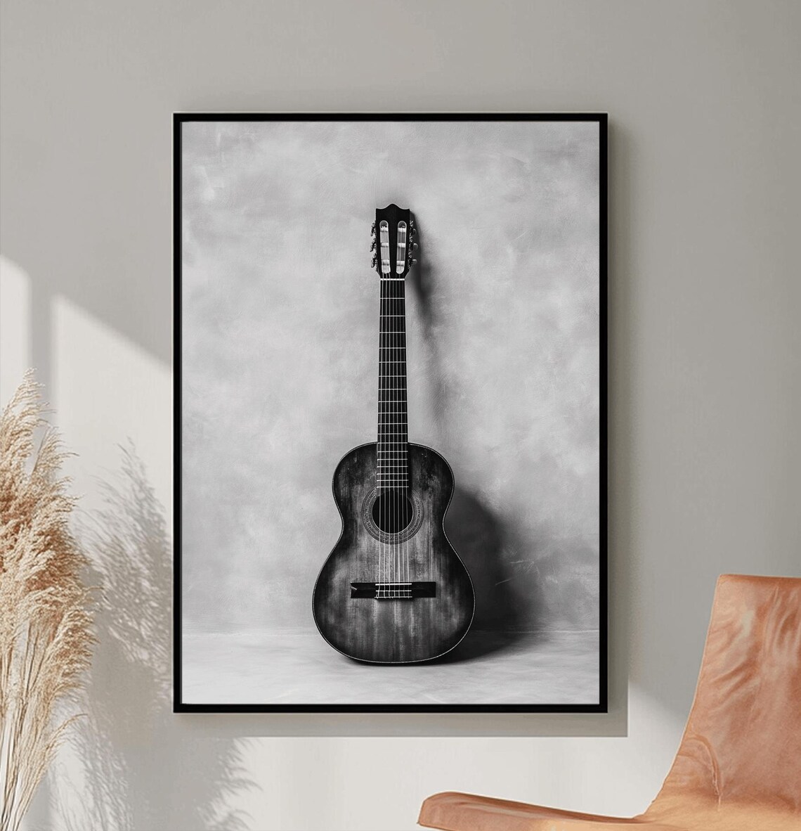 Acoustic Guitar Against White Textured Wall Minimal Music Poster - Image 3
