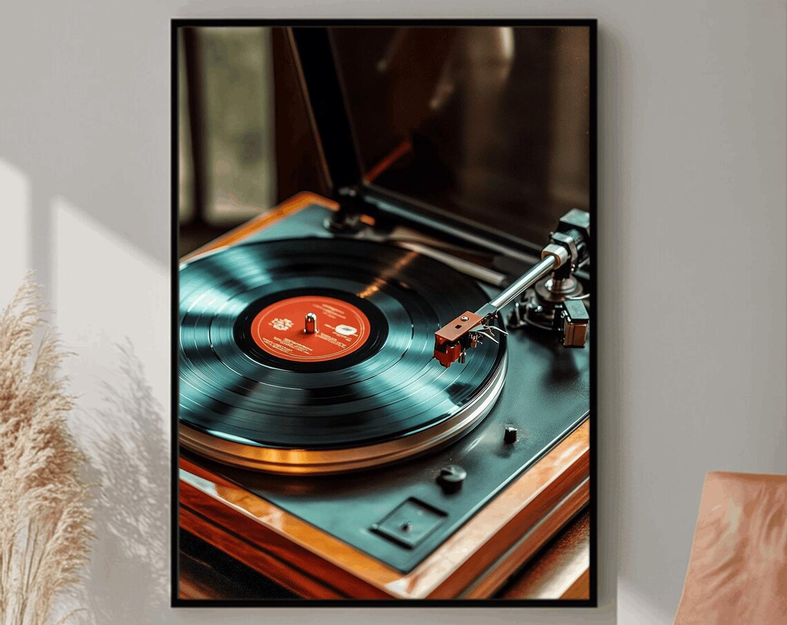 Orange Label Vinyl Record on Teal Turntable Retro Music Poster