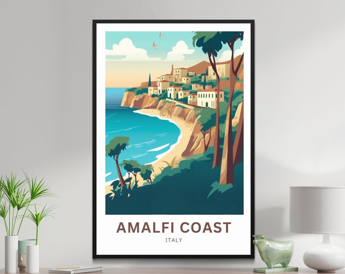Amalfi Coast Italy Cliffside Village Beach Cove Pines Travel Poster