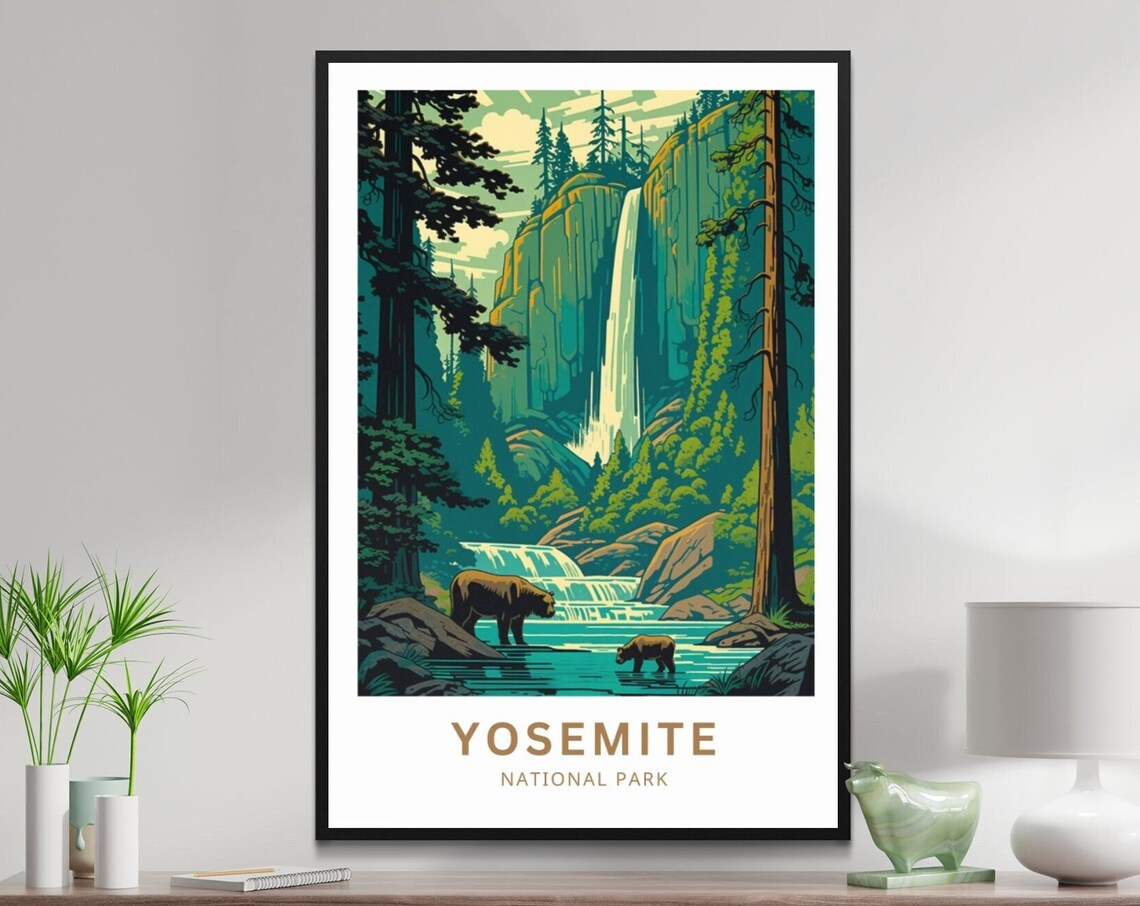 Yosemite National Park Bear Cub Waterfall Pines Travel Poster
