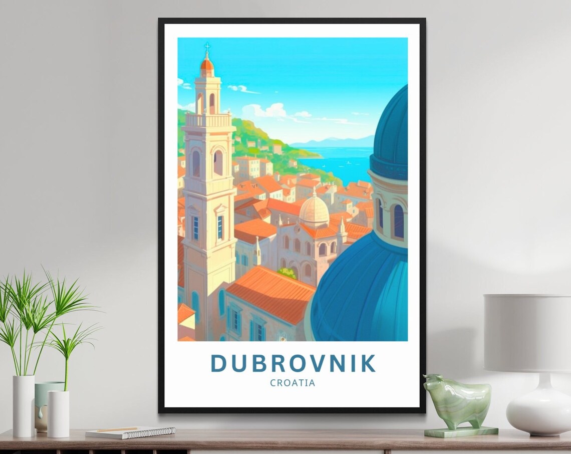Dubrovnik Croatia Old Town Bell Tower Red Roofs Sea Travel Poster