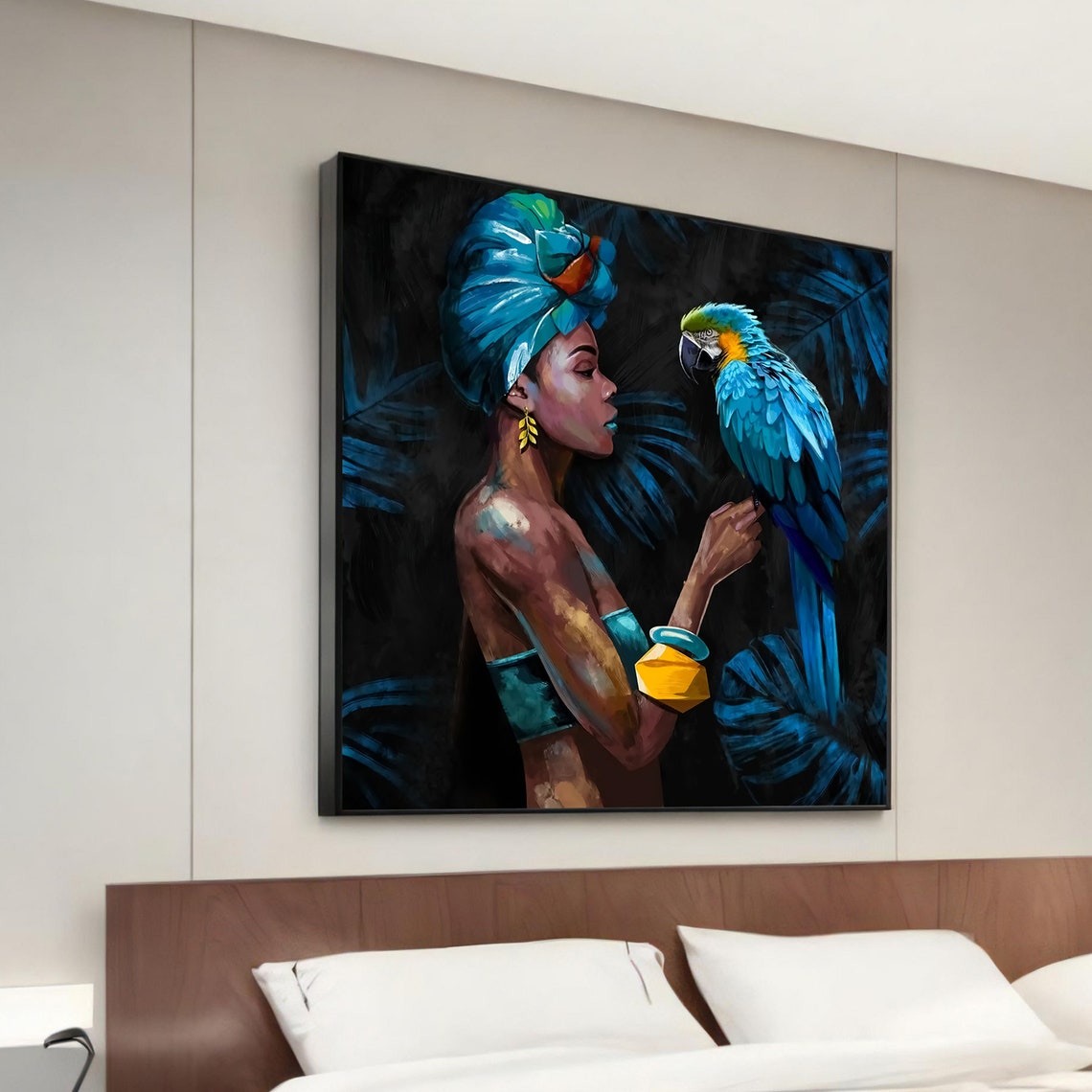 Woman With Parrot Blue Headwrap Tropical Vibrant Portrait Wall Art