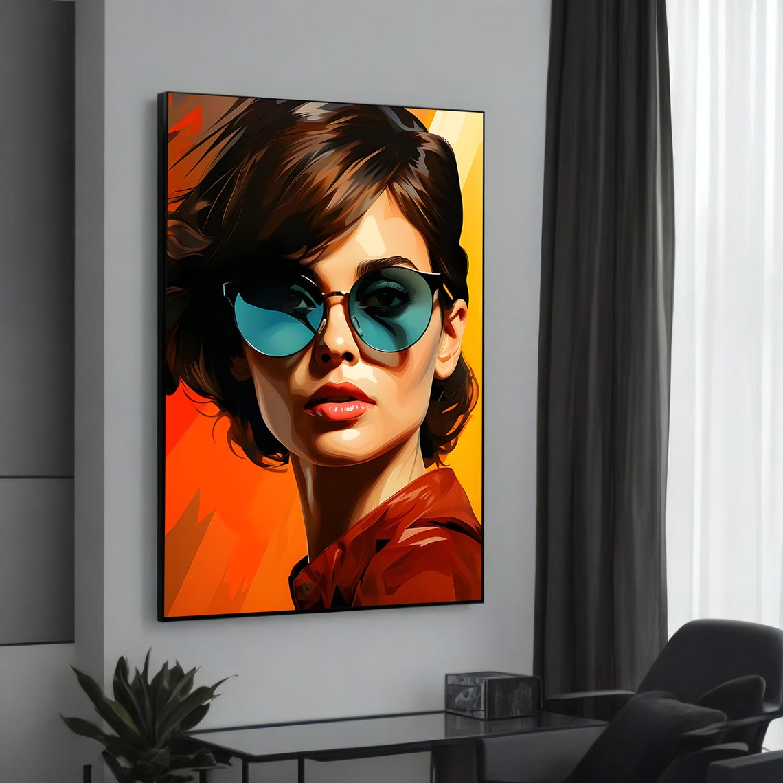 Woman in Blue Sunglasses Pop Art Portrait Modern Canvas Poster