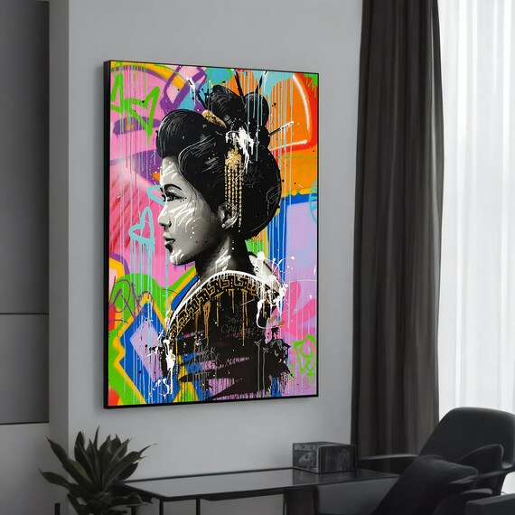 Geisha Graffiti Portrait Neon Colorful Street Artwork Style Poster