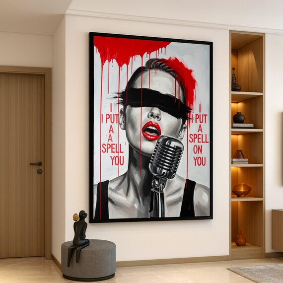 Bold Red Lips Singing Modern Abstract Portrait Canvas Edgy Music Wall Art Black And White Painting I Put A Spell On You