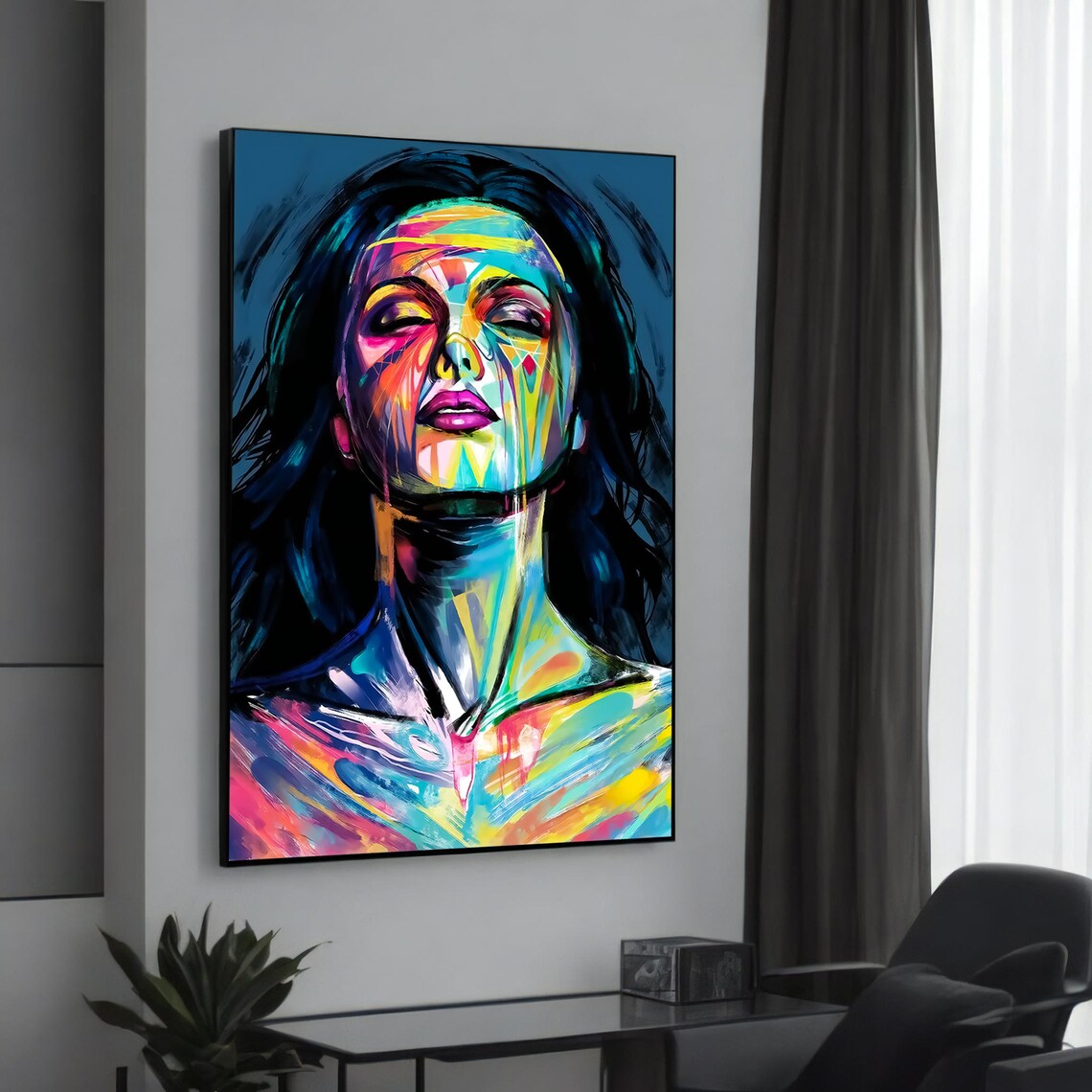 Vibrant Abstract Woman Portrait Rainbow Brushstrokes Modern Poster
