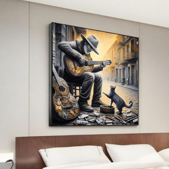 Street Musician Guitar Dancing Cat Charming Cobblestone Scene Wall Poster