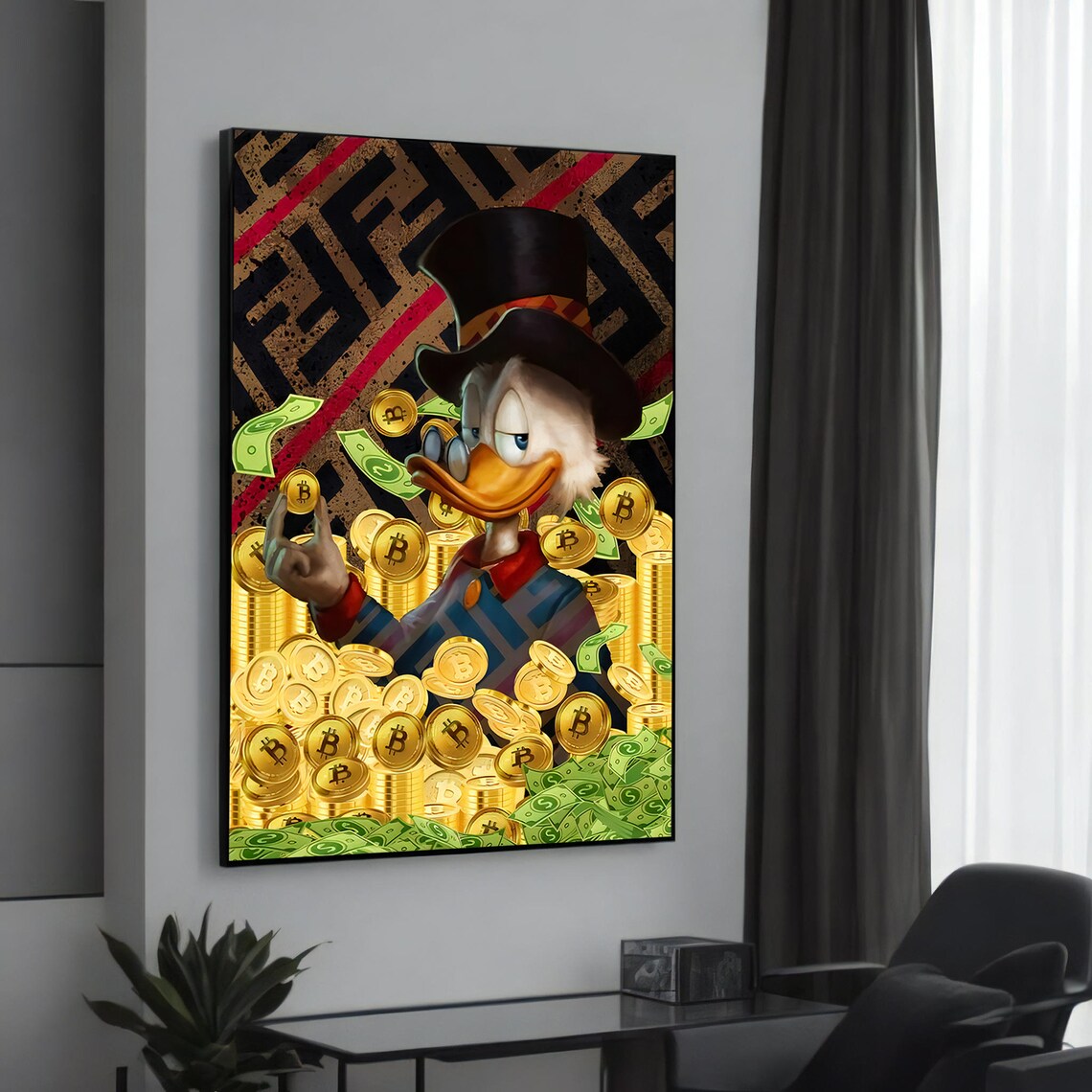 Rich Duck With Bitcoins, Banksyinspired Graffiti Art Print