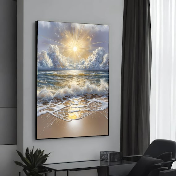 Golden Sunburst Over Ocean Waves Sandy Beach Sunrise Art Poster