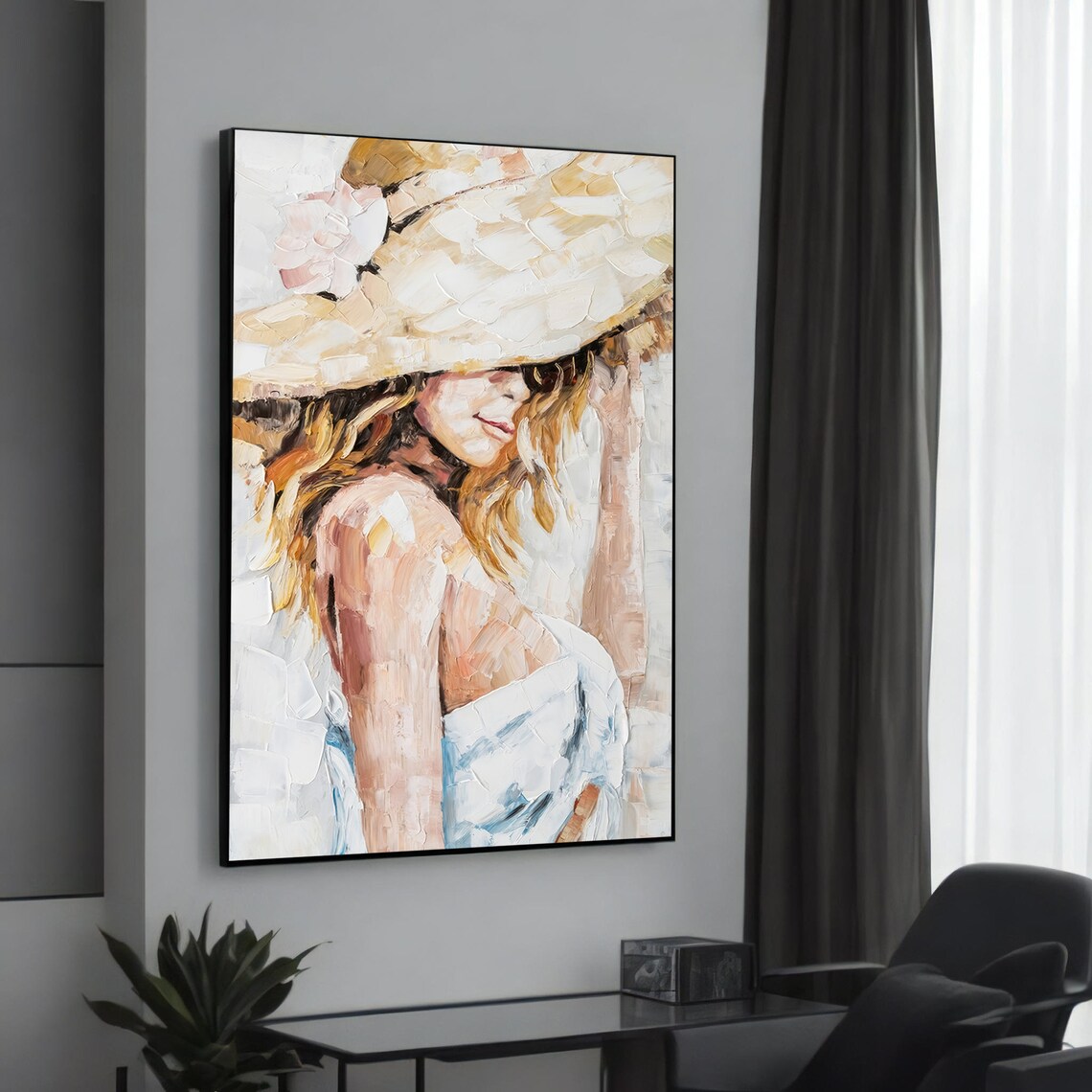 Elegant Lady In Sun Hat, Contemporary Wall Art Print