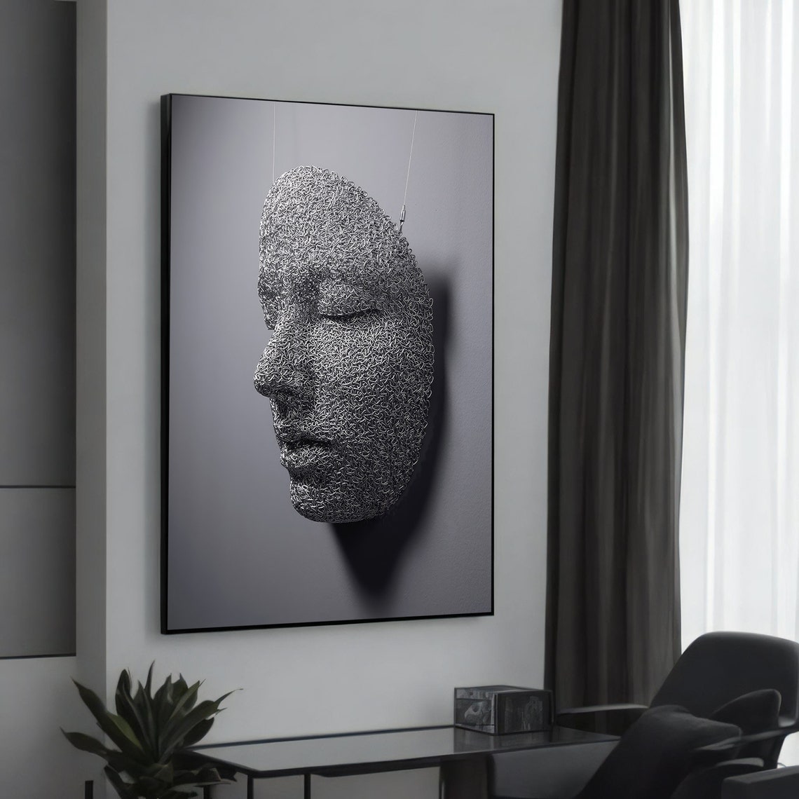Intricate Wire Mesh Face Sculpture Profile Modern Art Poster