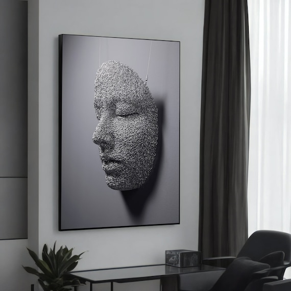 Intricate Wire Mesh Face Sculpture Profile Modern Art Poster