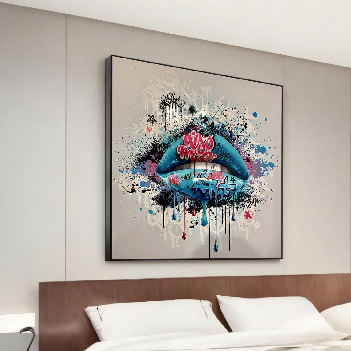 Turquoise Graffiti Lips Dripping Paint Pop Art Canvas Wall Art