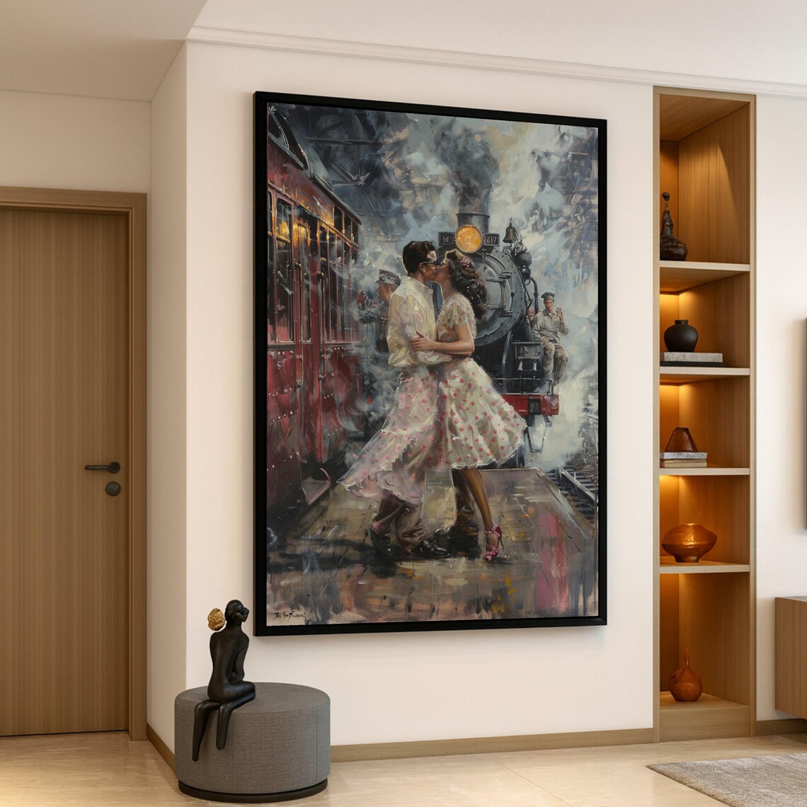 Romantic Couple Kissing At Steam Train Station Vintage Kiss Poster