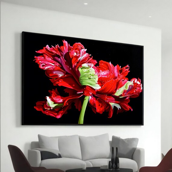 Red Parrot Tulip Dewdrops Bold Floral Black Background Poster