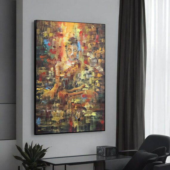 Abstract Buddha Canvas Painting Colorful Spiritual Art With Textured Layers Unique Wall Gift Contemporary Home Decor