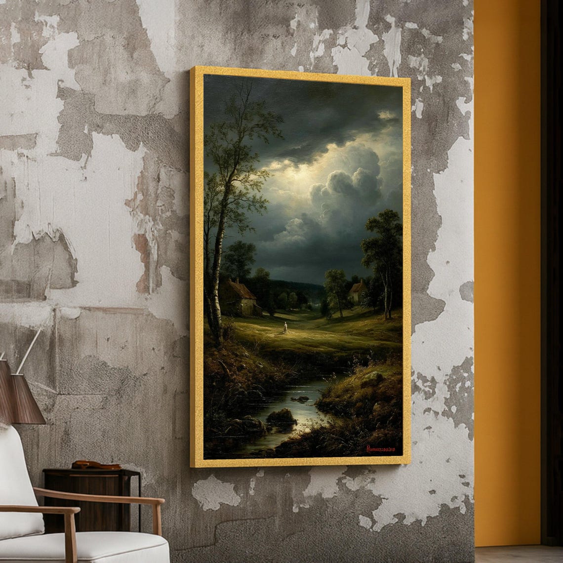 Moonlit Countryside Stream Cottages Romantic Landscape Canvas Wall Art