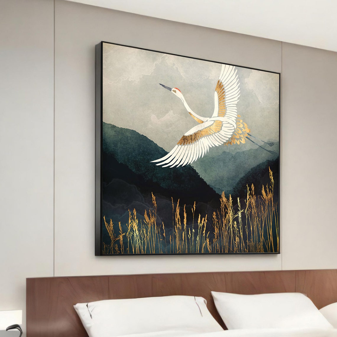 White Crane with Gold Accents Flying Over Mountains Wall Poster