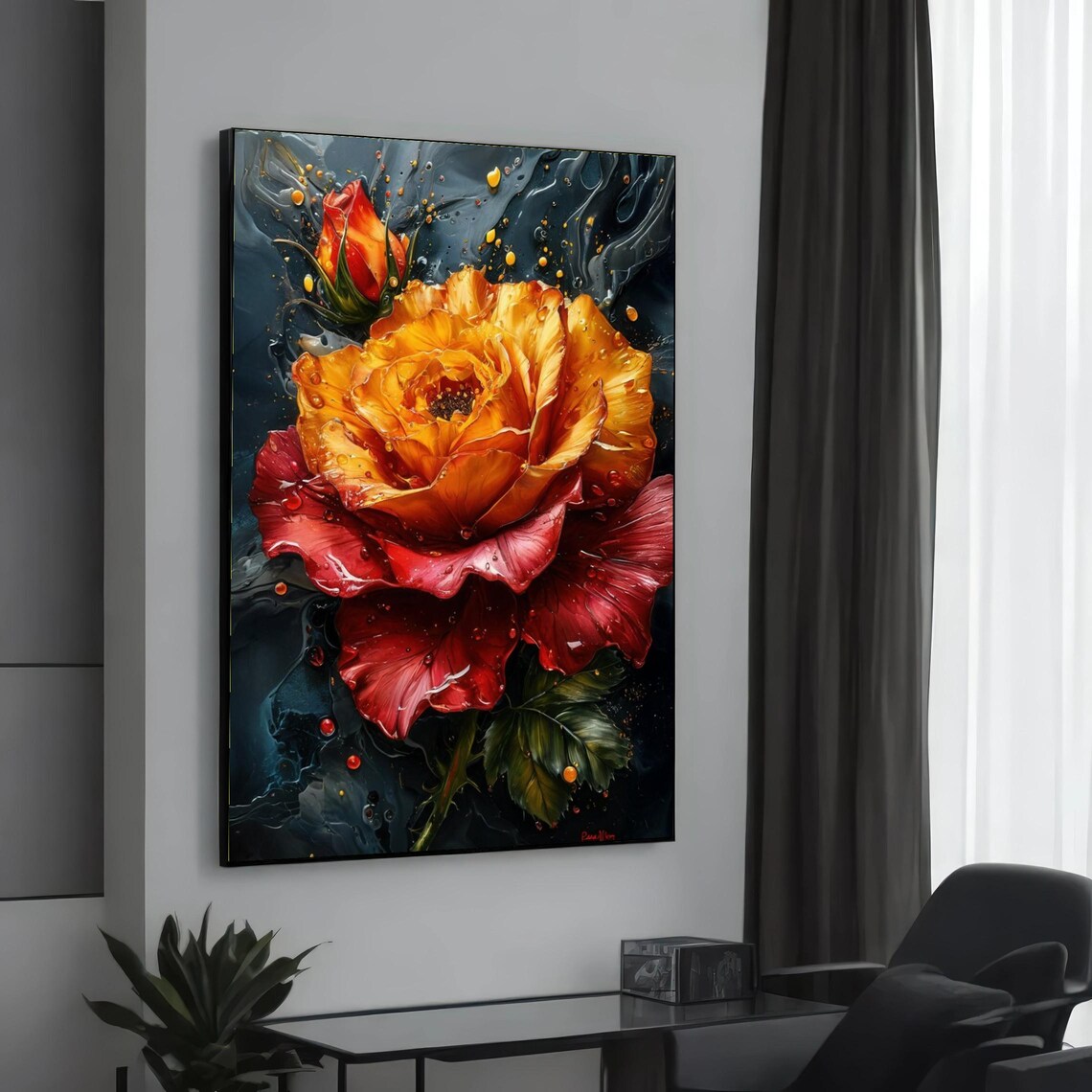Vivid Rose Floral Wall Art Print, Textured Flower