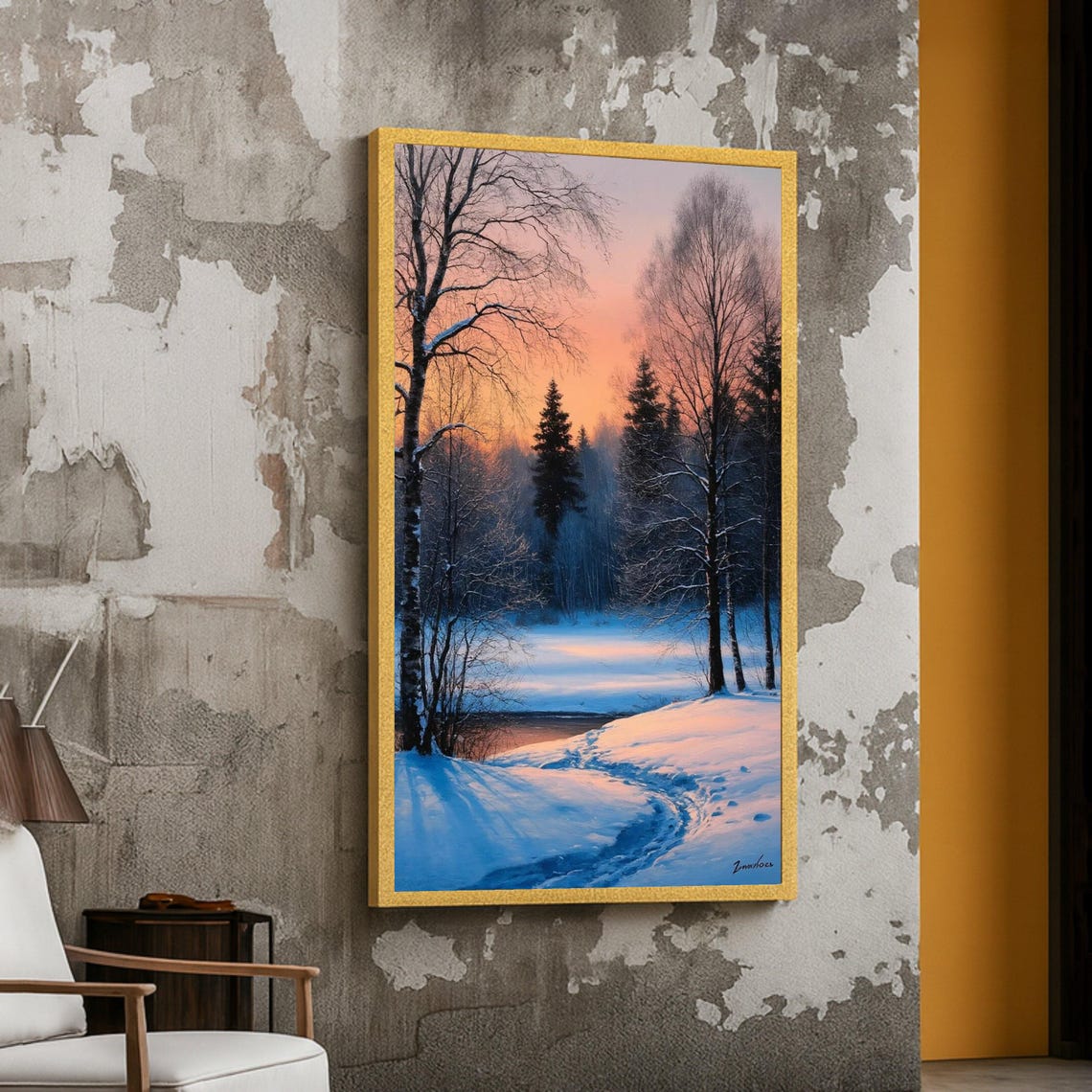 Winter Forest Path Snowy Sunset Serene Landscape Painting Wall Art