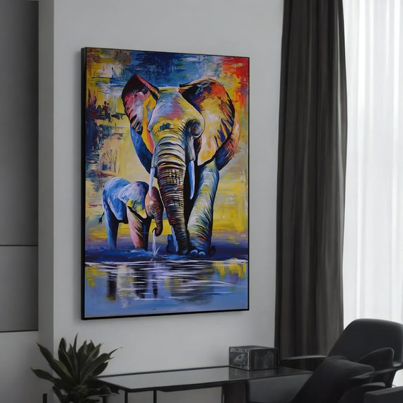 Colorful Elephant Family Canvas Painting Vibrant Wildlife Art Modern Wall Decor For Animal Lovers Contemporary Home Design