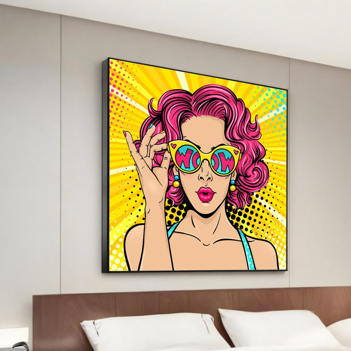 WOW Sunglasses Pop Art Woman Retro Comic Pink Hair Wall Poster